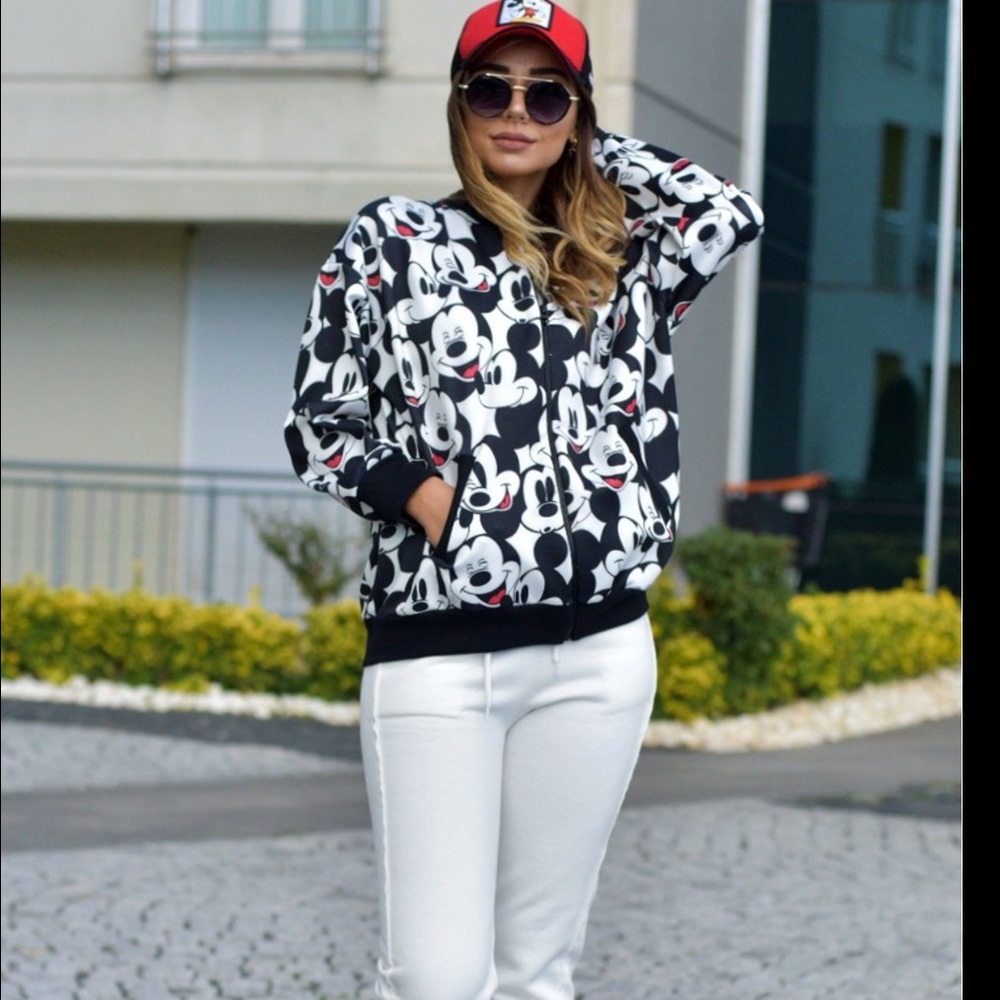 VTG Disney Black & White Mickey Mouse Full-Print Satin Bomber Jacket